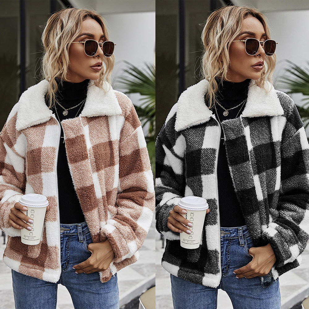 Cozy Warm Plaid Fleece Jacket with Plush Sherpa Collar for Autumn Winter Style