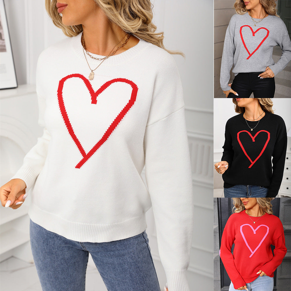 Cozy Heart Pattern Knitted Pullover Sweater Top for Everyday Style