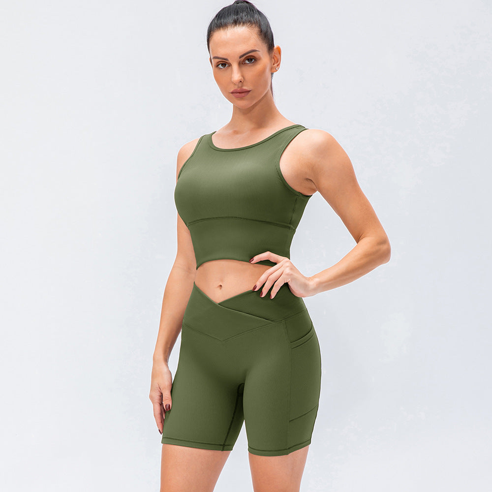 Stylish Ribbed Crop Top and V Waist Biker Shorts Activewear Set