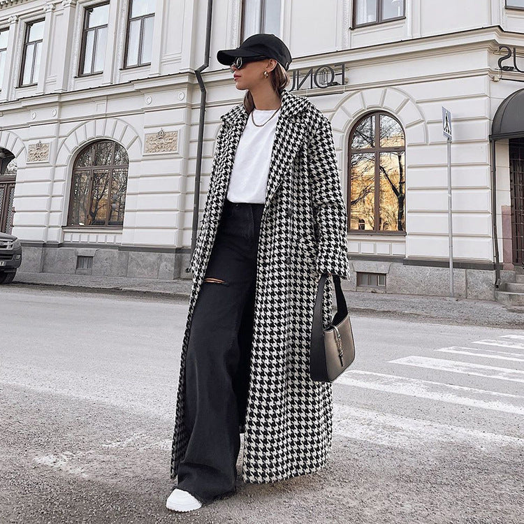 Oversized Houndstooth Long Trench Coat