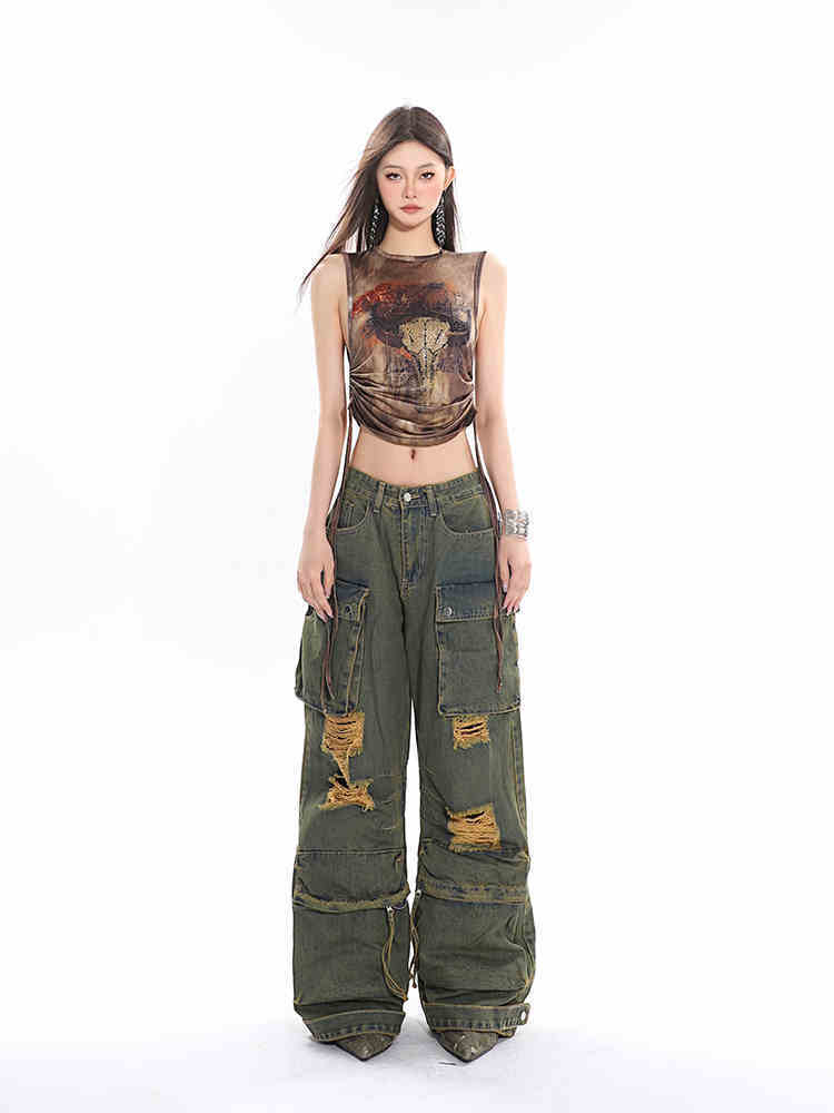 Trendy Distressed Baggy Cargo Jeans - Vintage Green