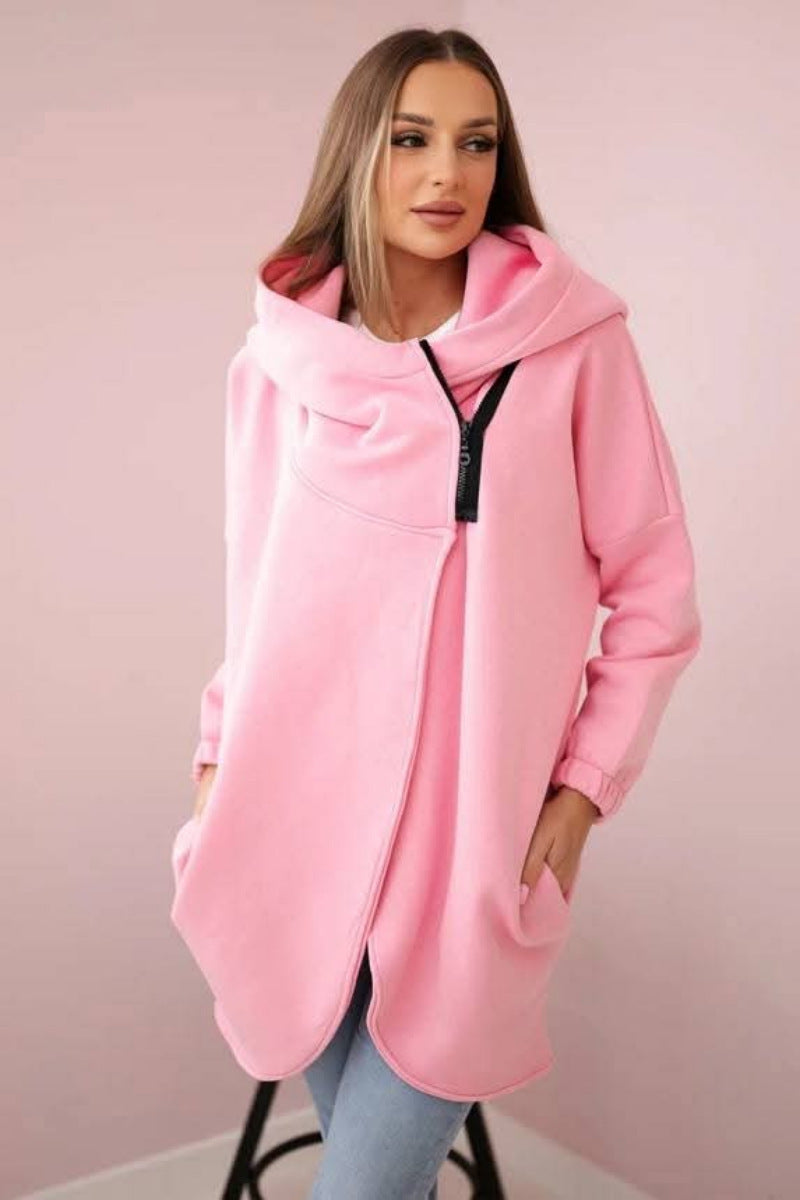 Cozy Fleece Asymmetrical Zip Hooded Casual Sweatshirt Jacket