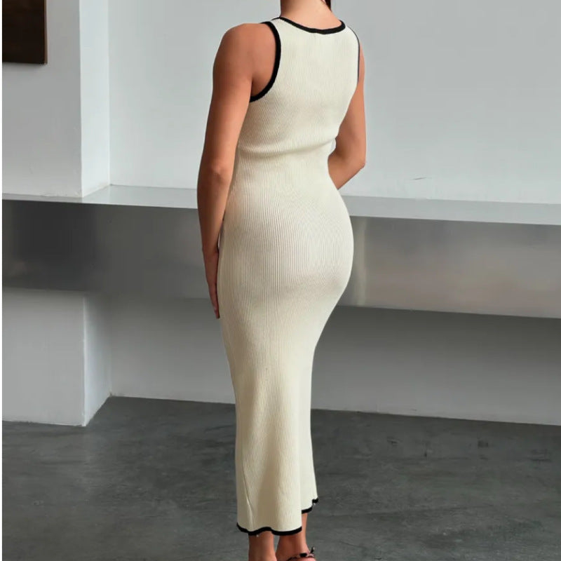 Sophisticated Knitted Midi Dress with Elegant Contrast Trim and Full Button Front
