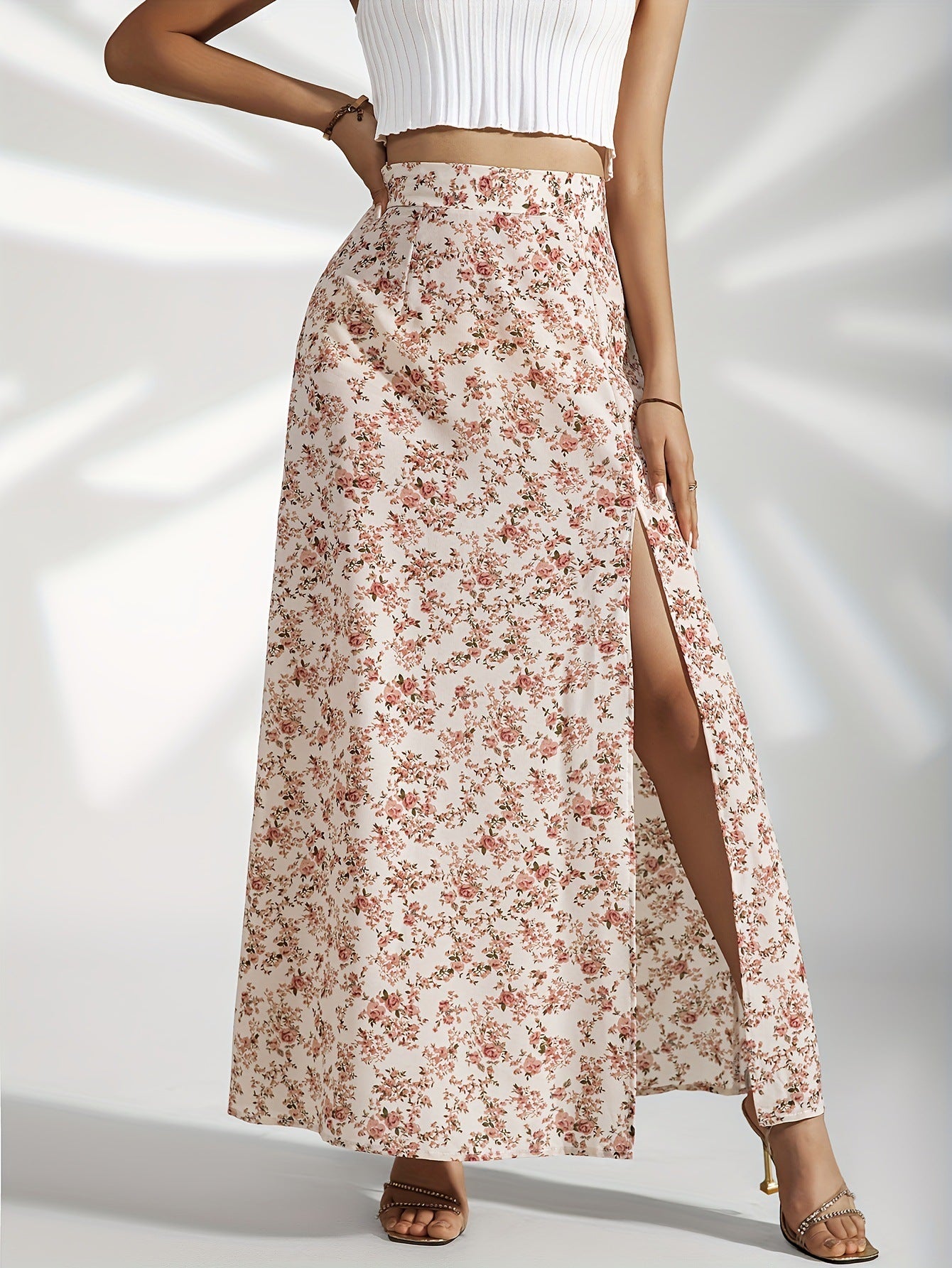 High Waist Floral Print Maxi Skirt with Elegant Side Slit