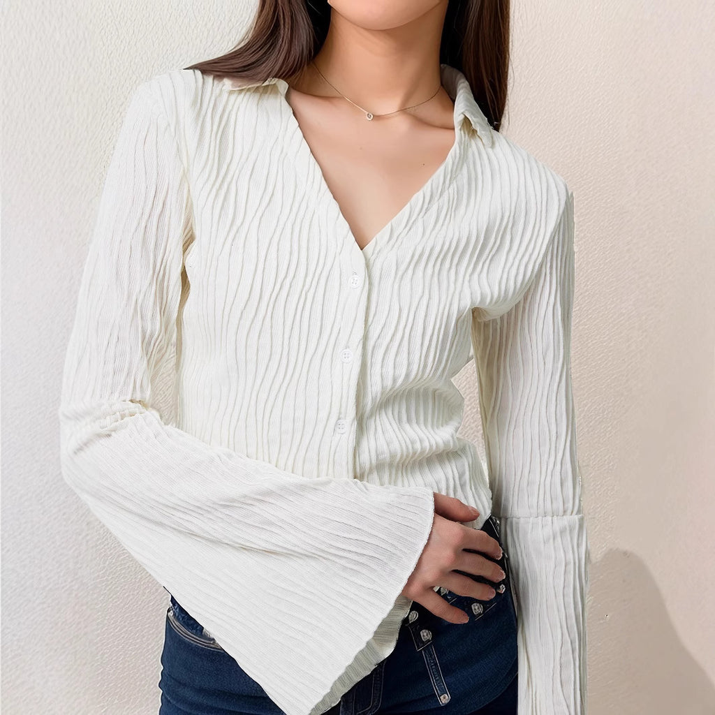 Chic Textured V Neck Long Sleeve Blouse with Elegant Bell Sleeves