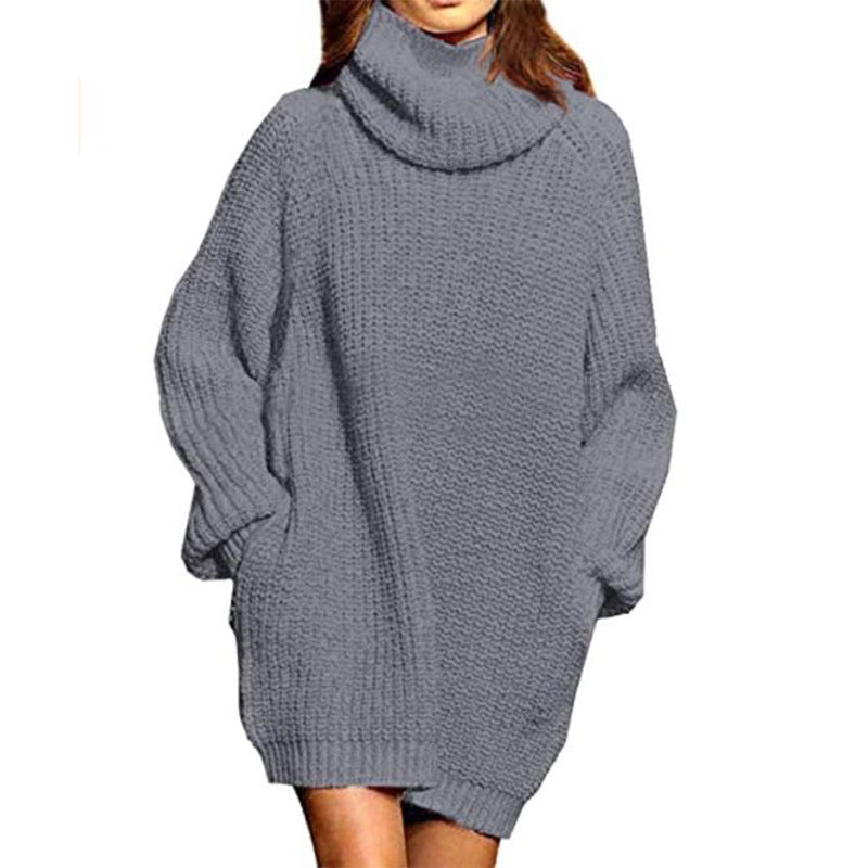 Cozy Oversized Long Sleeve High Neck Knit Sweater Dress with Convenient Pocket
