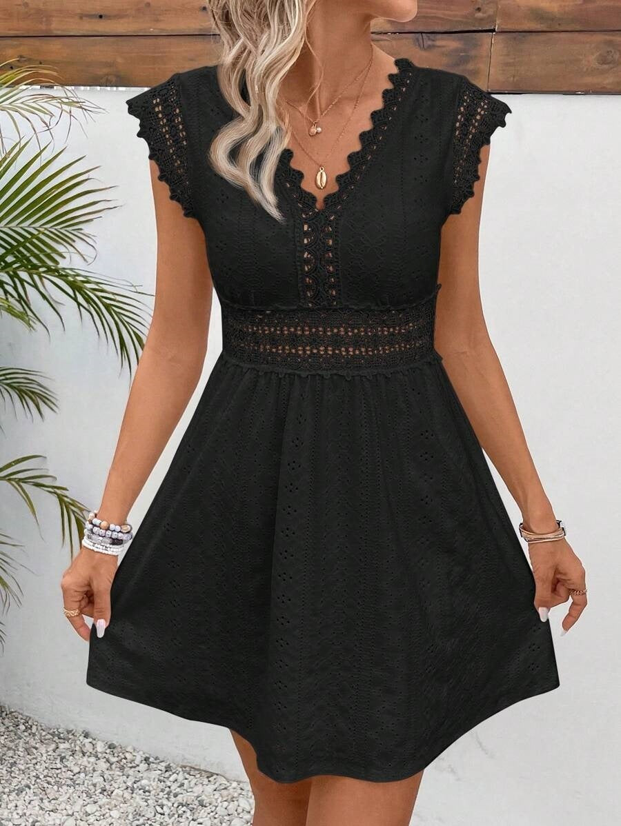 Lace V-Neck Ruffled Sleeveless Mini Dress - Boho Style