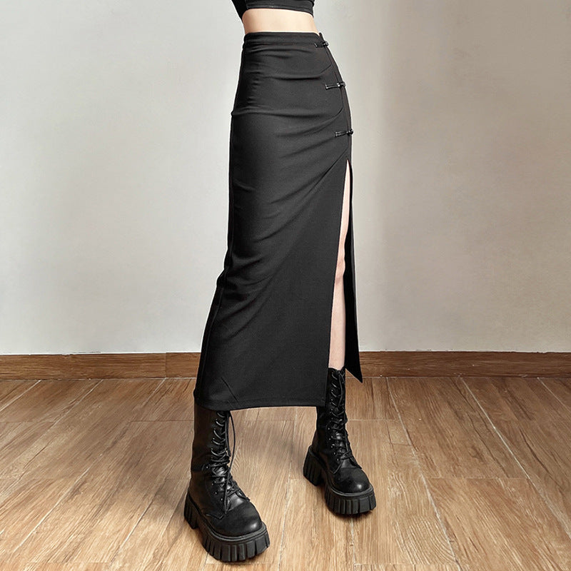 Chic Black High Waist Long Skirt with Statement Side Slit and Button Accents