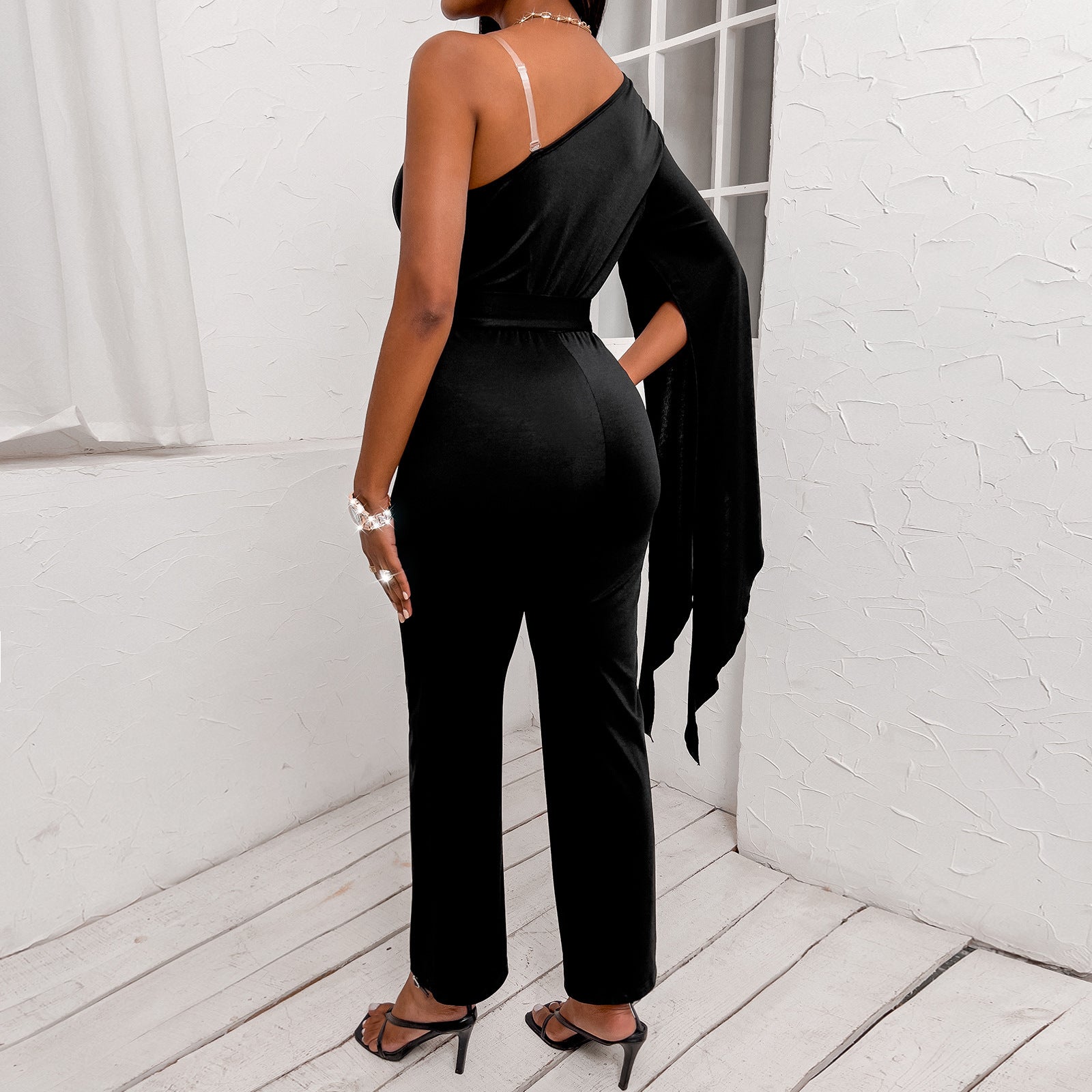 Elegant One Shoulder V Neck Jumpsuit with Flattering Waist Tie for Women