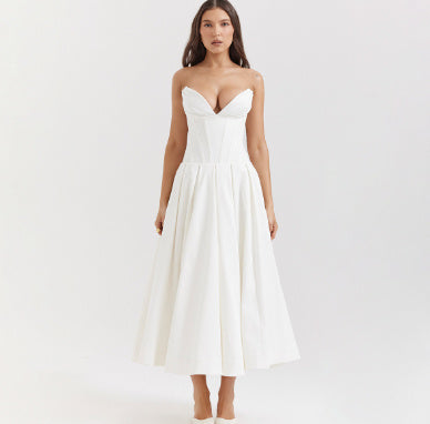Elegant Strapless Corset Midi Dress - Evening & Party