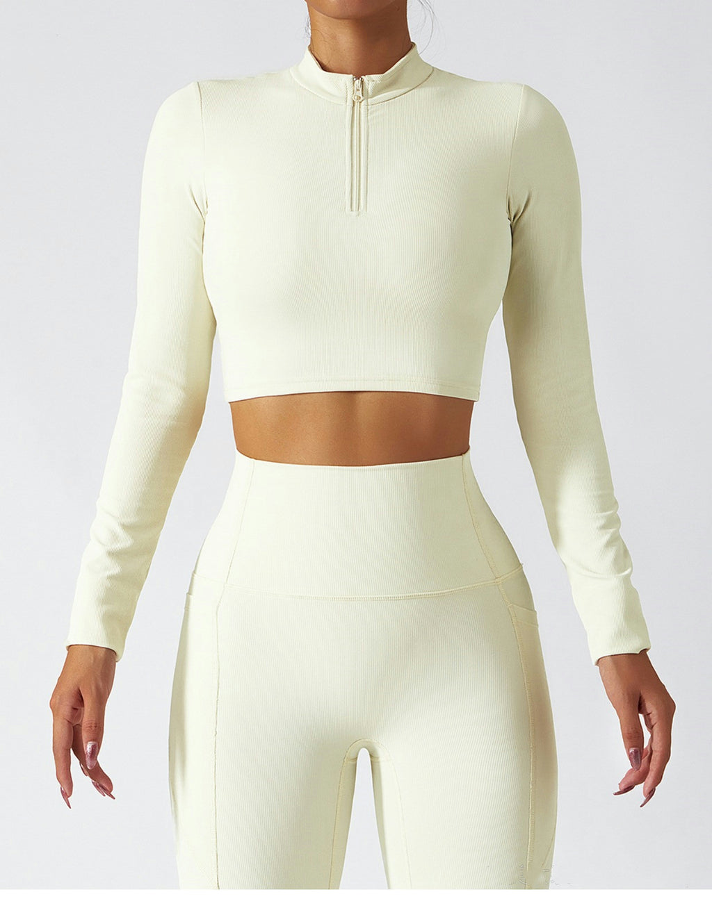 Comfortable Ribbed Long Sleeve Activewear Set with High Waist Leggings for Yoga and Training