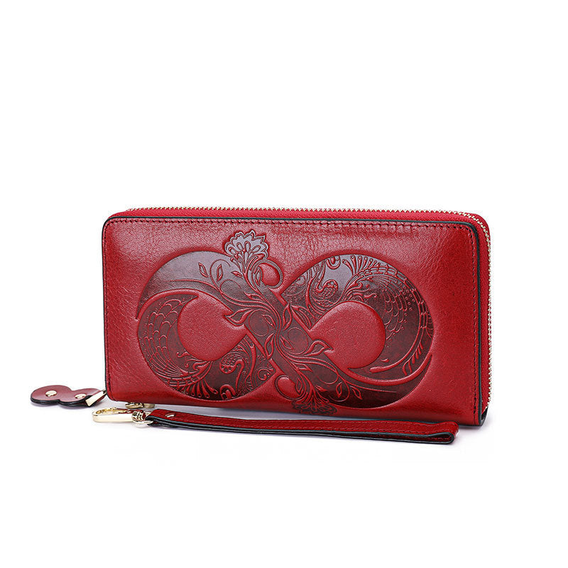Genuine Leather Embossed Retro Cowhide Long Wallet with Convenient Wristlet Strap