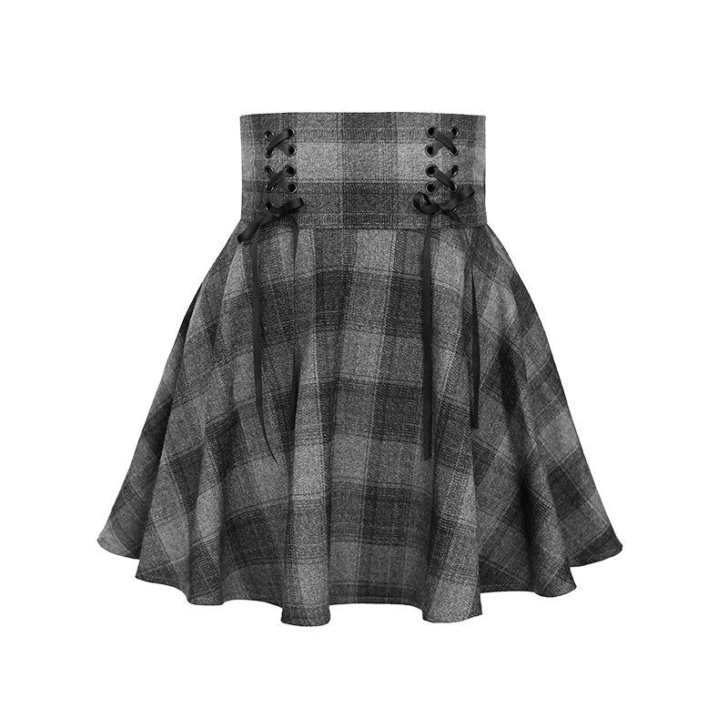 Chic Dark Gray Plaid High Waist Mini Skirt with Lace-Up Detail