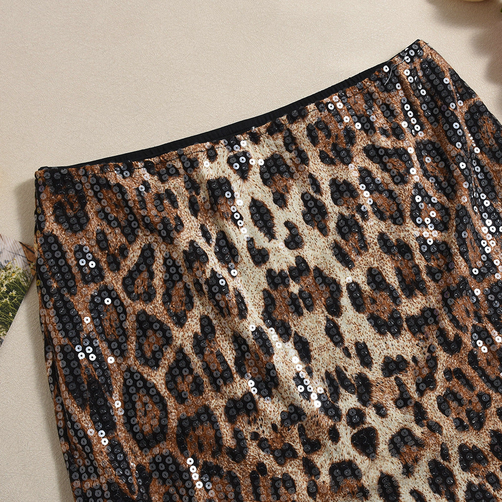 Stunning Leopard Print Sequin Maxi Fishtail Skirt