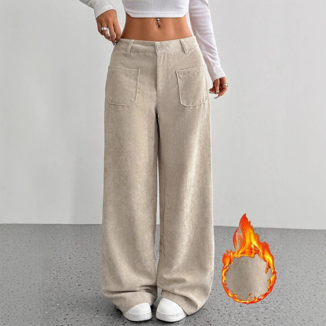 Chic Corduroy Wide Leg Pants with Pockets - Loose Fit Street Style