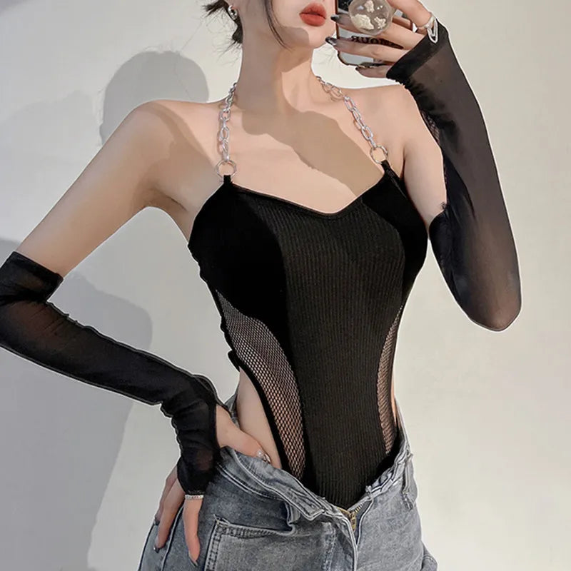Sleek Black Chain Halter Bodysuit with Mesh Sleeves
