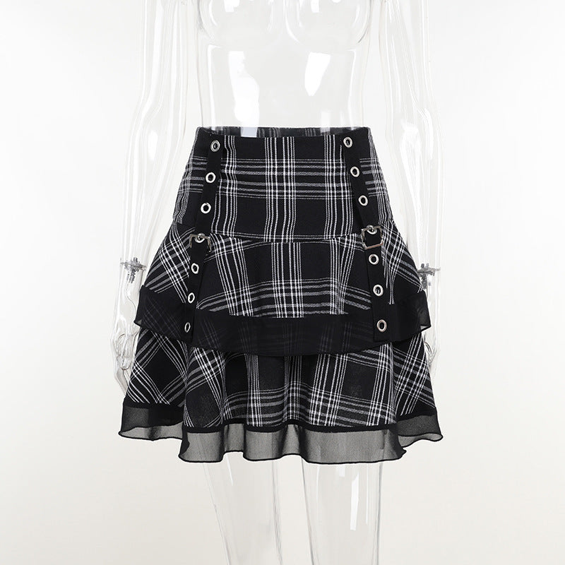 Chic Plaid Ruffle Mini Skirt with Eyelet Details for Edgy Fashion