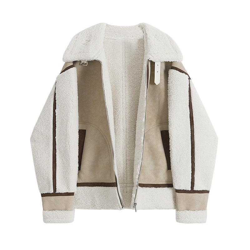 Stylish Faux Shearling Aviator Jacket Warm Integrated Fur Lining