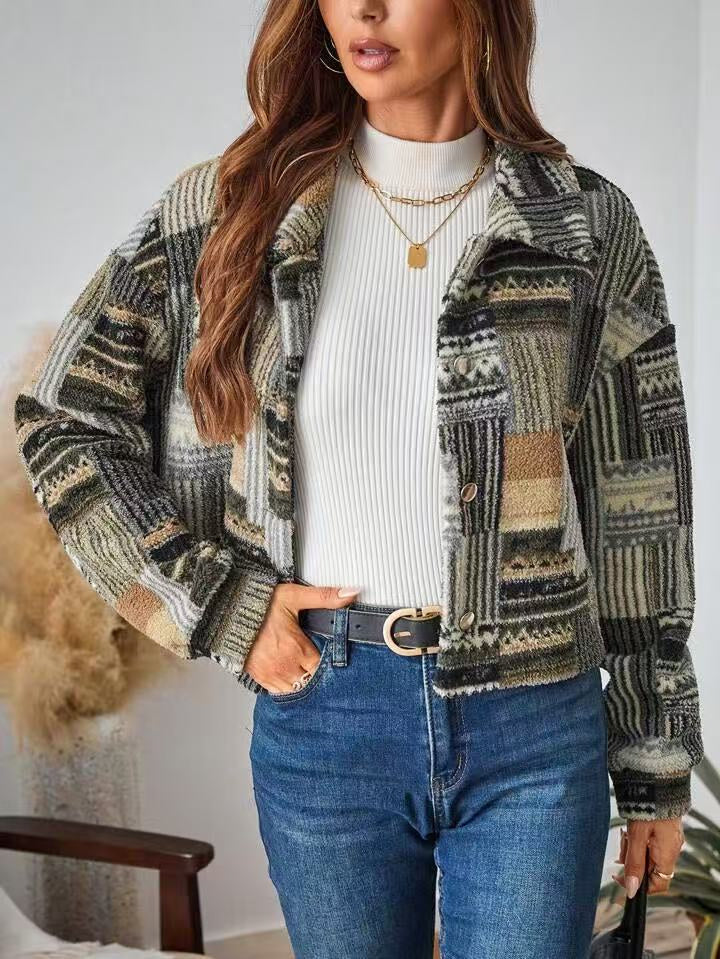 Boho Inspired Patchwork Print Plush Button Down Shacket