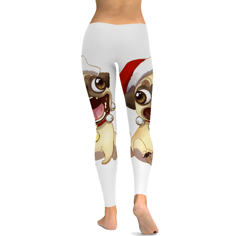Fun High Waist Printed Active Leggings Festive Pug Design