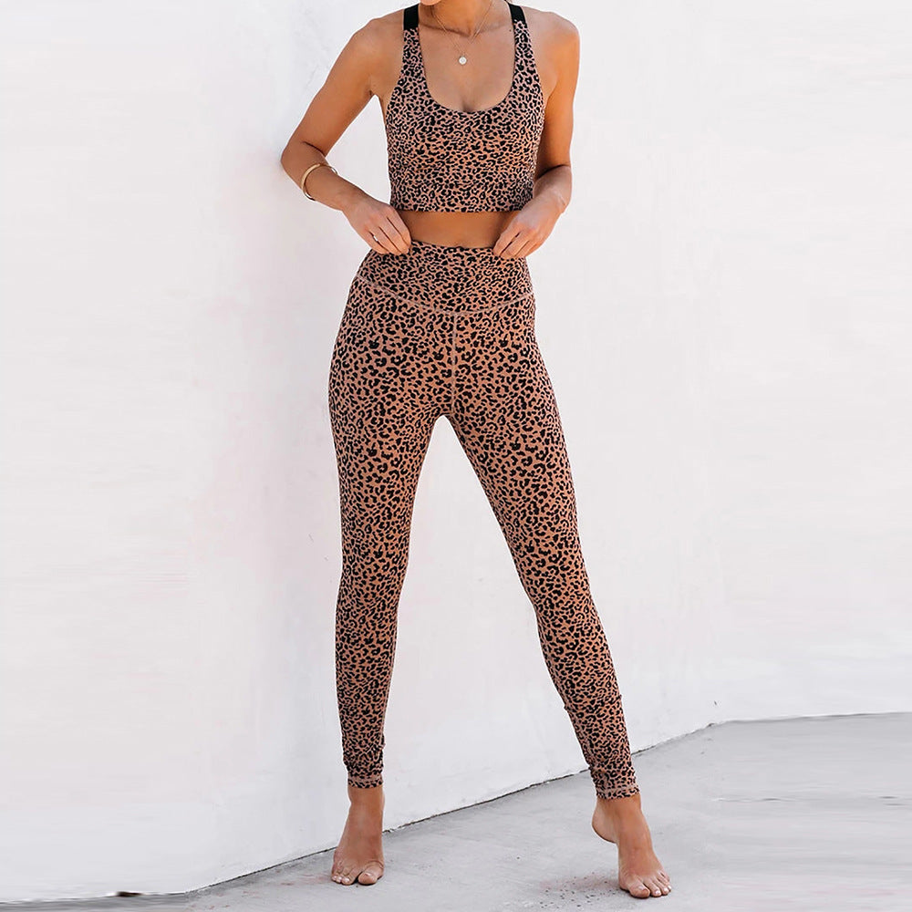 Chic Leopard Print Activewear Set with Racerback Crop Top and Supportive High Waist Leggings