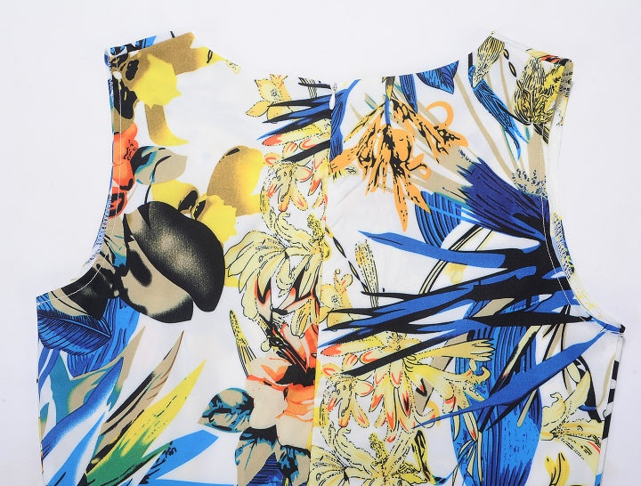 Vibrant Floral Print Sleeveless Belted A-Line Midi Dress for Summer