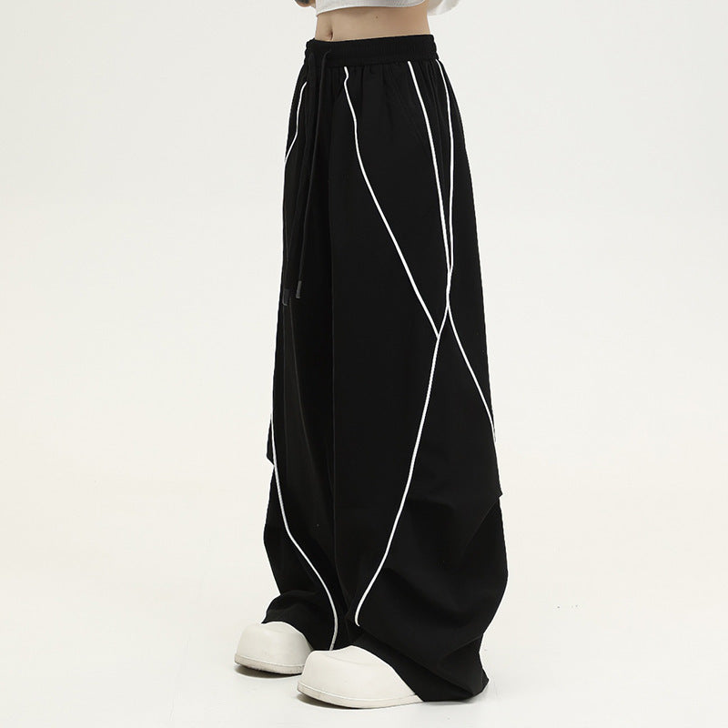 Women's Black Striped Wide-Leg Sporty Track Pants