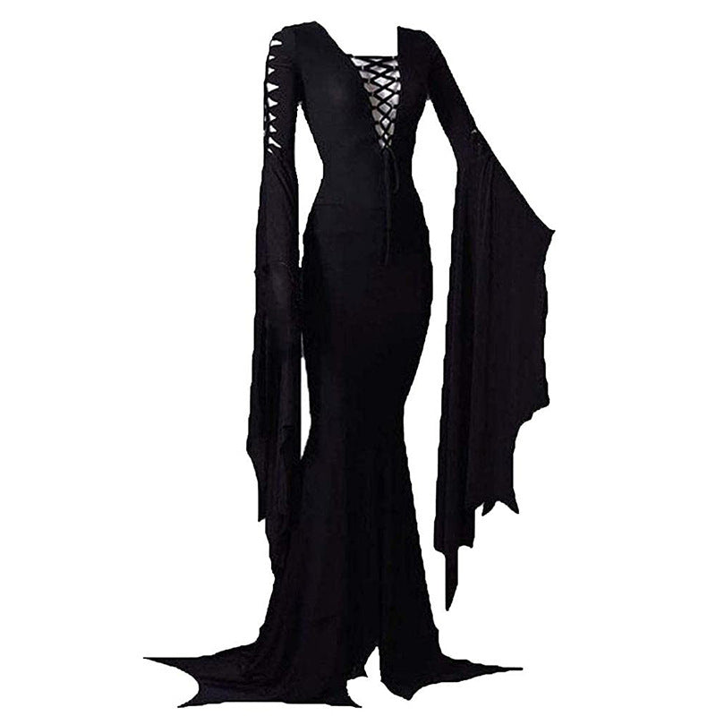 Women's Fashion Flared Sleeves Thin Strap Deep V Sheath Trailing Dress