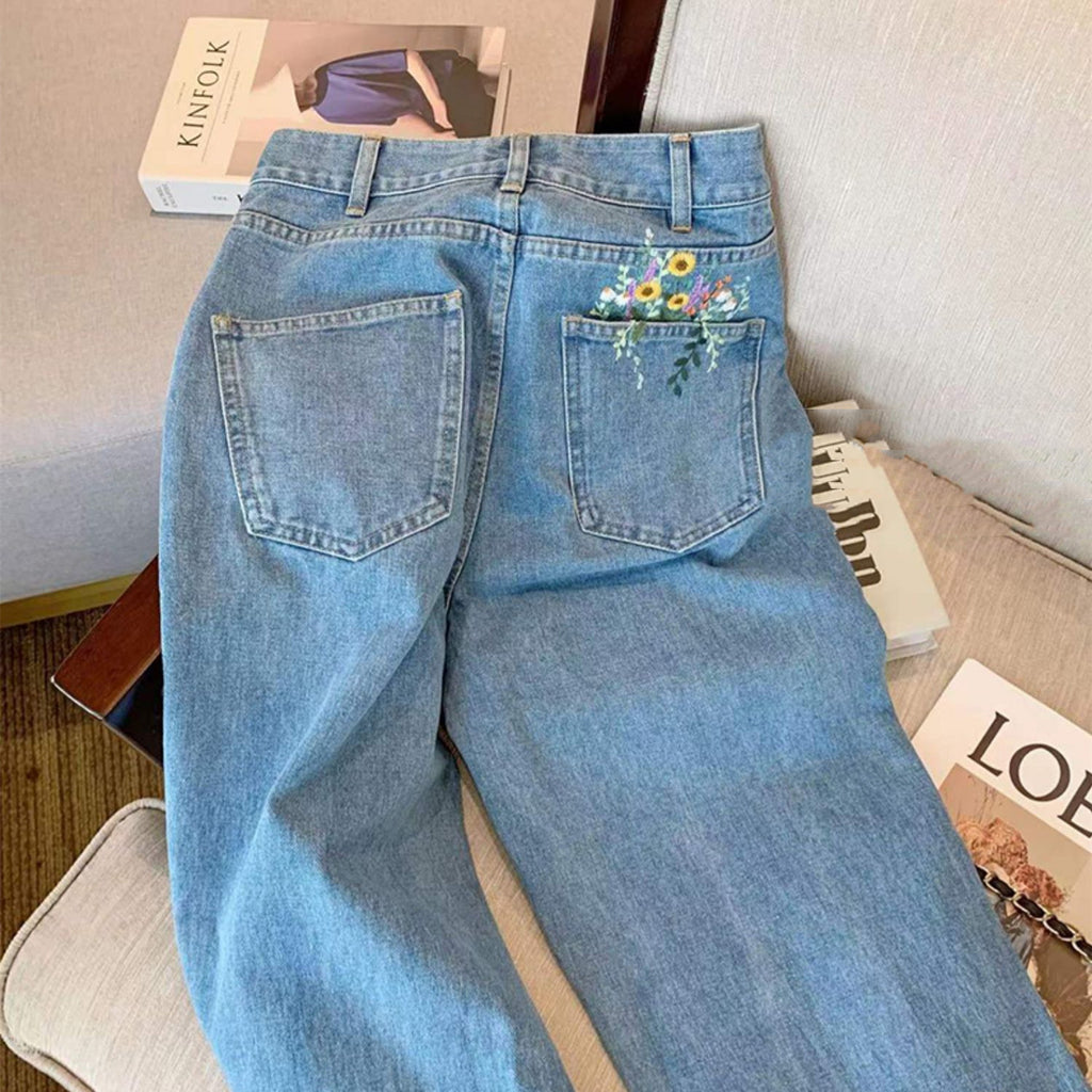 Floral Embroidered High-Waisted Straight Jeans