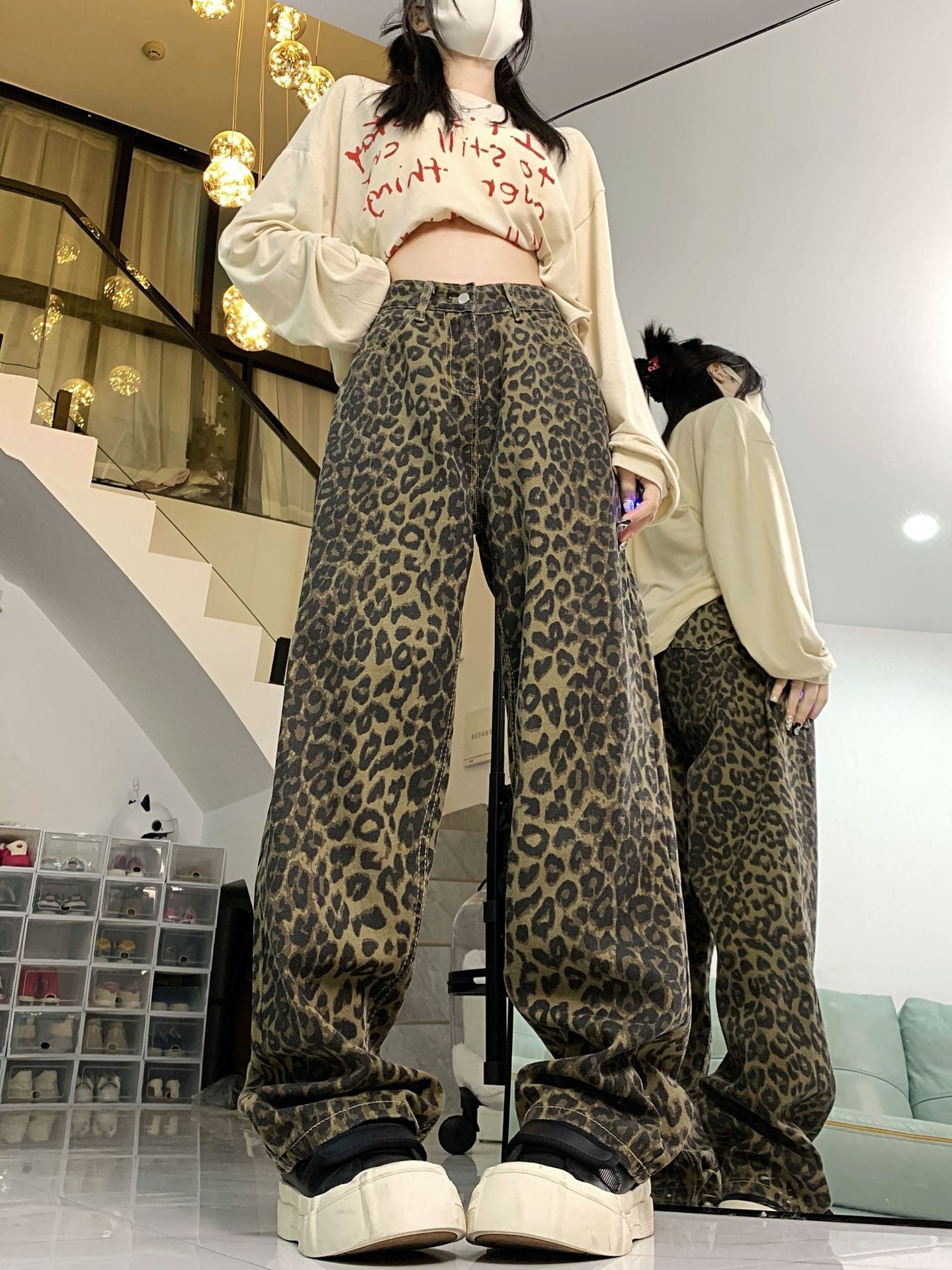 Trendy Leopard Print High-Waist Wide-Leg Denim Trousers
