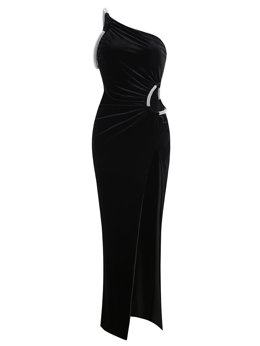 Elegant One-Shoulder Rhinestone Slit Maxi Evening Dress