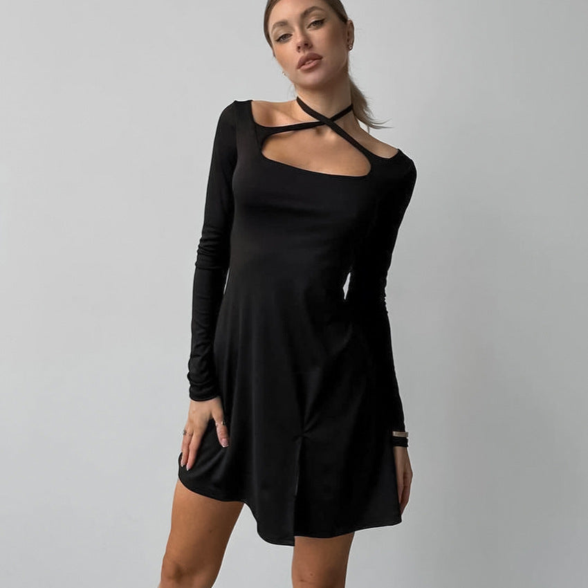 Chic Black Knitted Long Sleeve Mini Dress with Square Neckline and Lace Up Detail