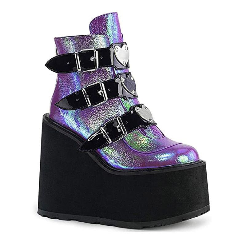 Holographic Platform Wedge Ankle Boots