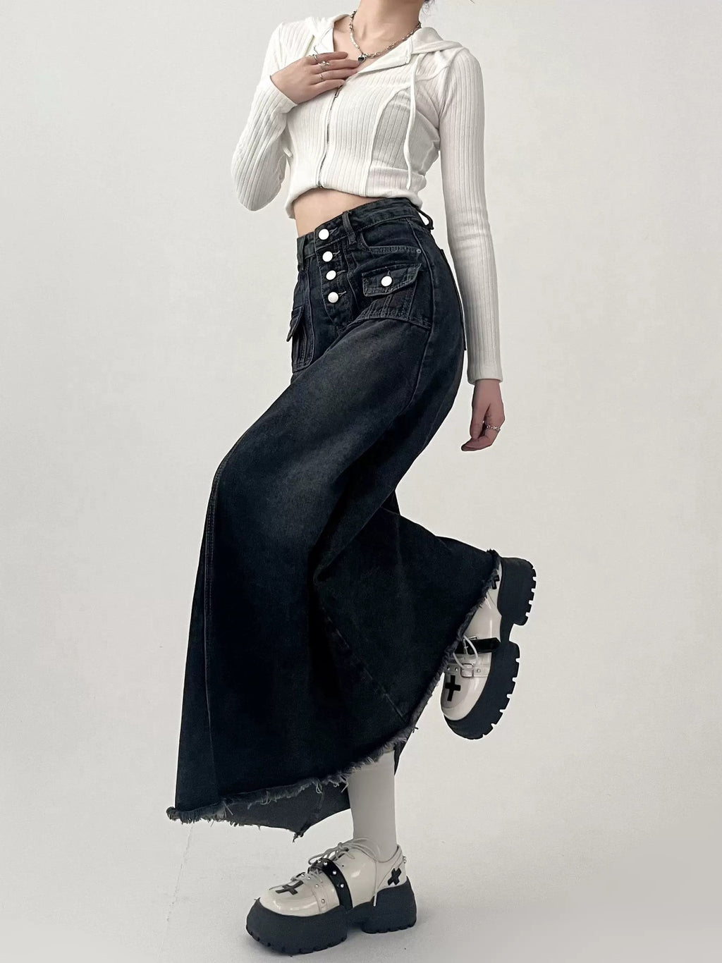Fashionable Gradient A Line Denim Maxi Skirt with Front Buttons