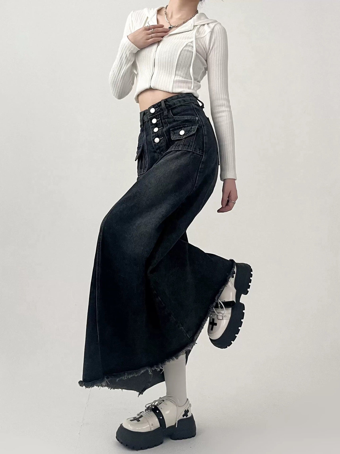 Fashionable Gradient A Line Denim Maxi Skirt with Front Buttons