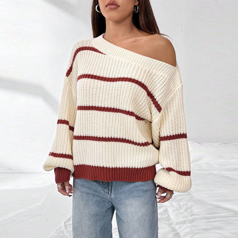 Relaxed Fit Off-Shoulder Striped Knit Sweater with Lantern Sleeves