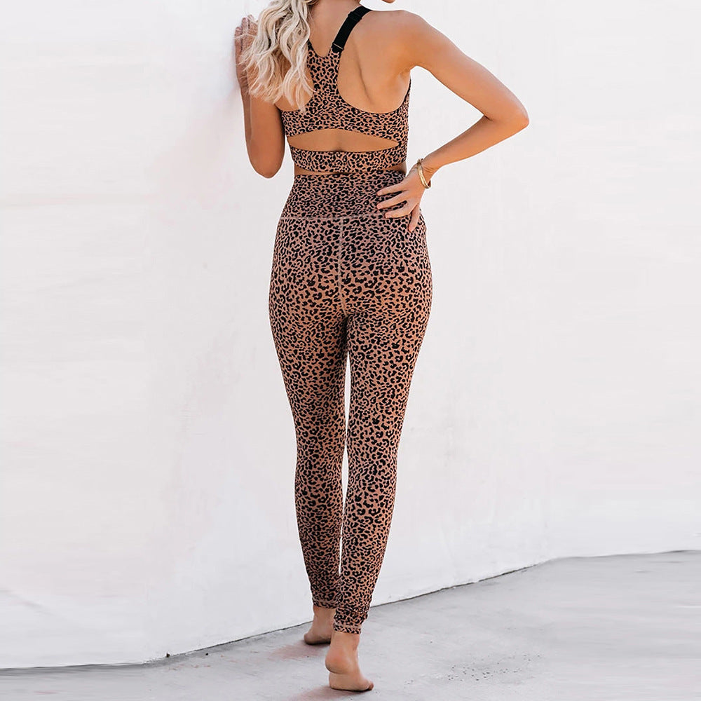 Chic Leopard Print Activewear Set with Racerback Crop Top and Supportive High Waist Leggings