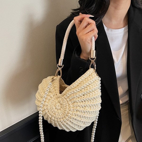 Handmade Woven Shell Handbag with Pearl Strap Unique Crochet Shoulder Bag
