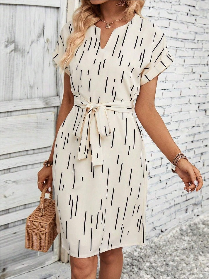 Women's Slotted Neckline Batwing Sleeve Printed Belted A-Line Dress