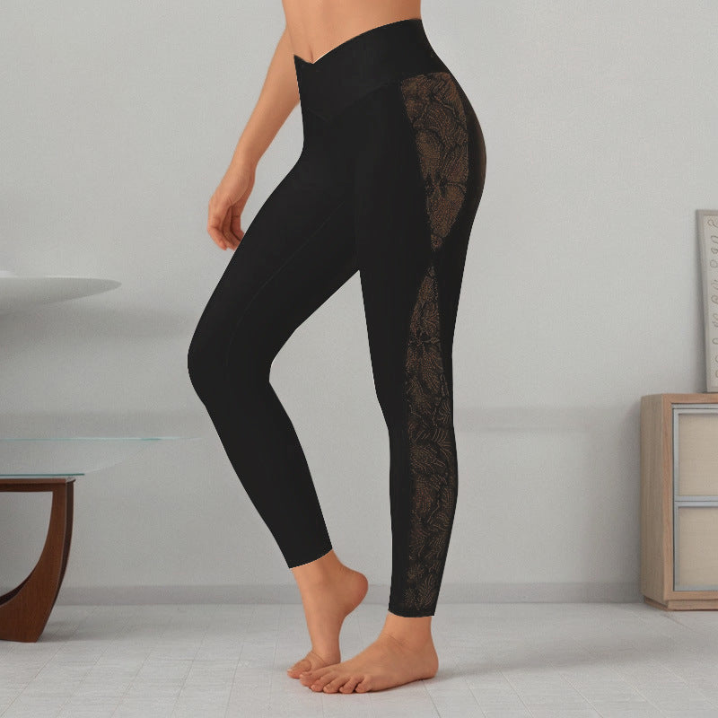 High Waist Athletic Leggings with Elegant Lace Panel Detail for Yoga and Fitness