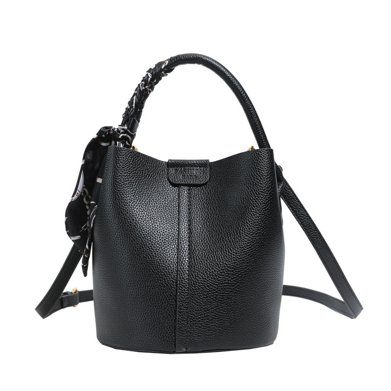 Chic PU Leather Bucket Bag with Elegant Scarf Handle Detail