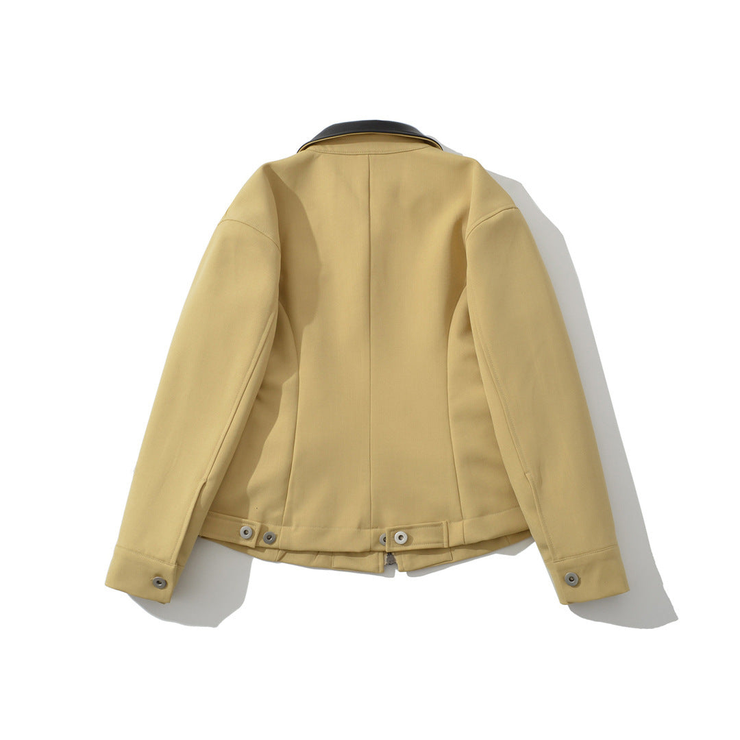 Retro Contrast Lapel Faux Leather Waist-Sculpting Biker Jacket with Zipper Detail