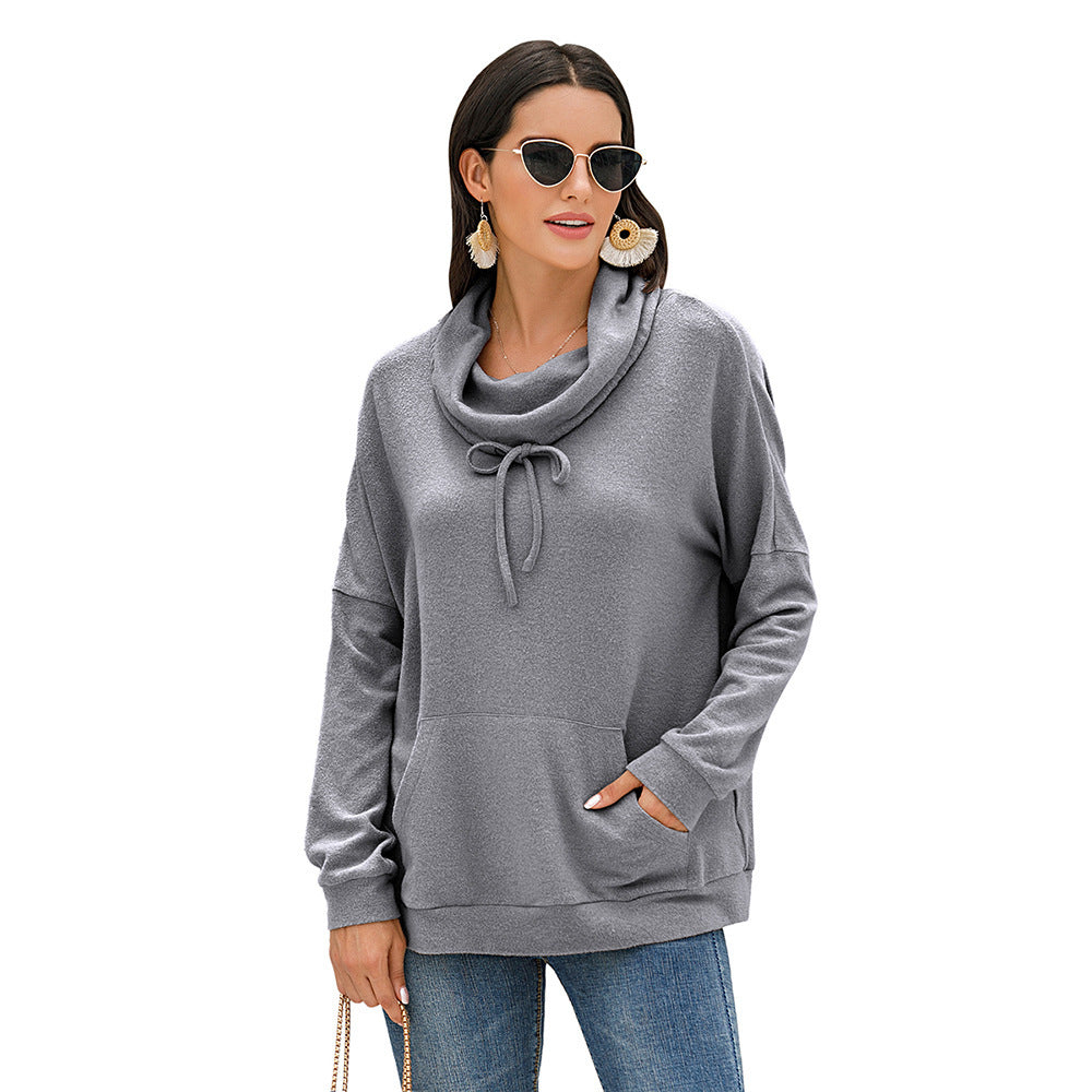 Comfortable Loose Fit Cowl Neck Long Sleeve Pullover Sweater with Front Pocket