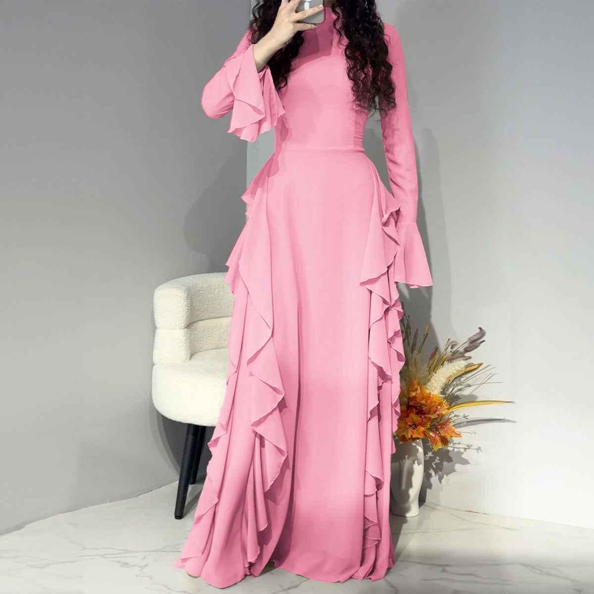 Women's Elegant Bell Sleeve Dress - Ruffle High Waist Gown