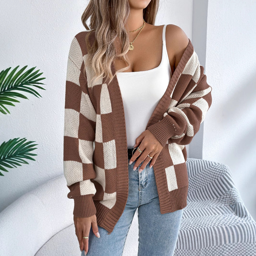 Cozy Plaid Checkered Long Sleeve Knit Cardigan Sweater