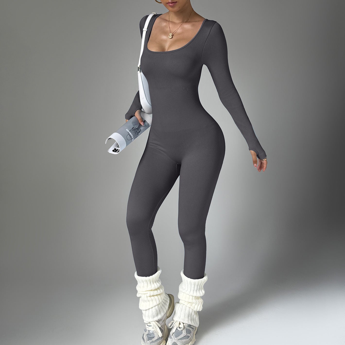 Form Fitting Long Sleeve Ribbed Activewear Bodysuit for Yoga and Fitness
