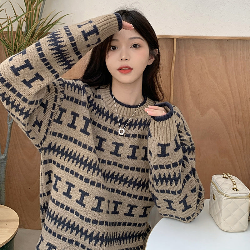 Retro Geometric Pattern Drop Shoulder Knit Pullover Sweater Long Sleeve Cozy