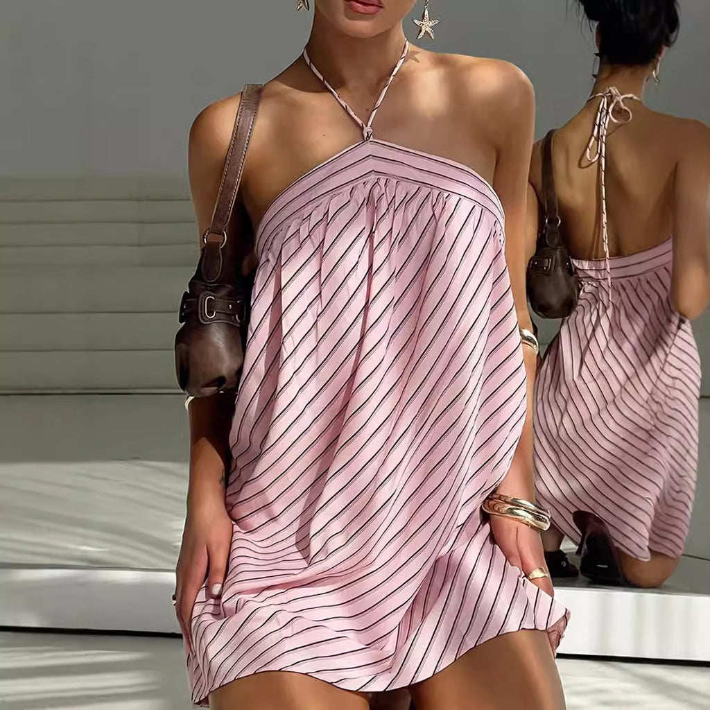 Chic Halter Neck Striped Backless Mini Dress for Women
