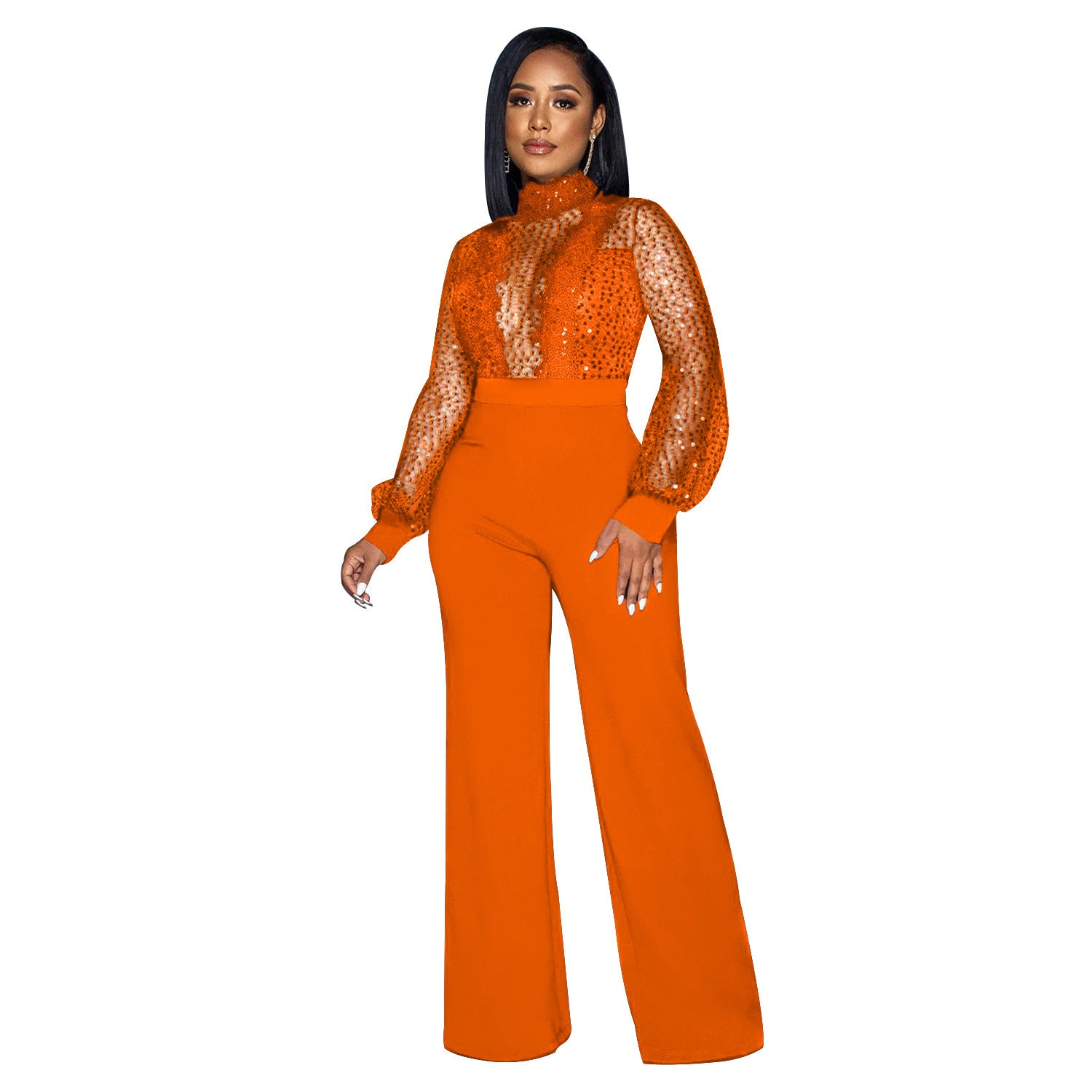 Chic Illusion Neck Sequin Sleeve Wide Leg Party Jumpsuit
