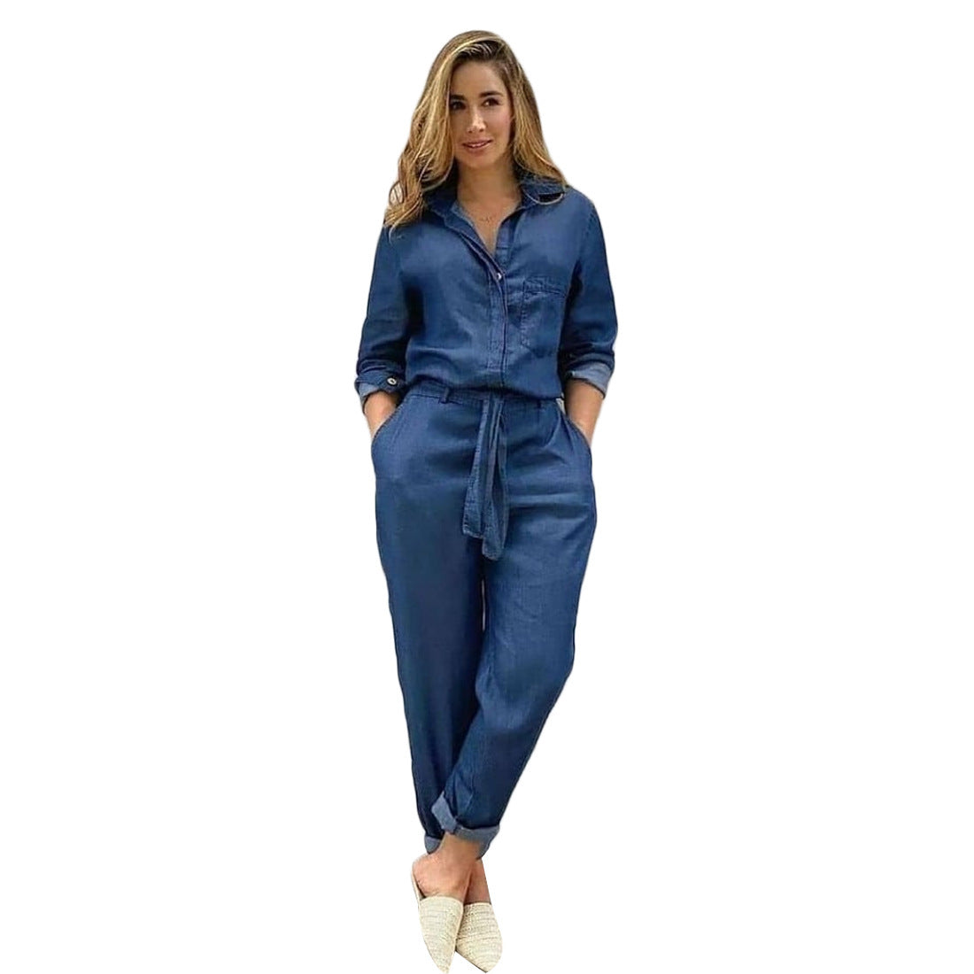 Chic Denim Jumpsuit with Belt - Casual Women's One-Piece Outfit